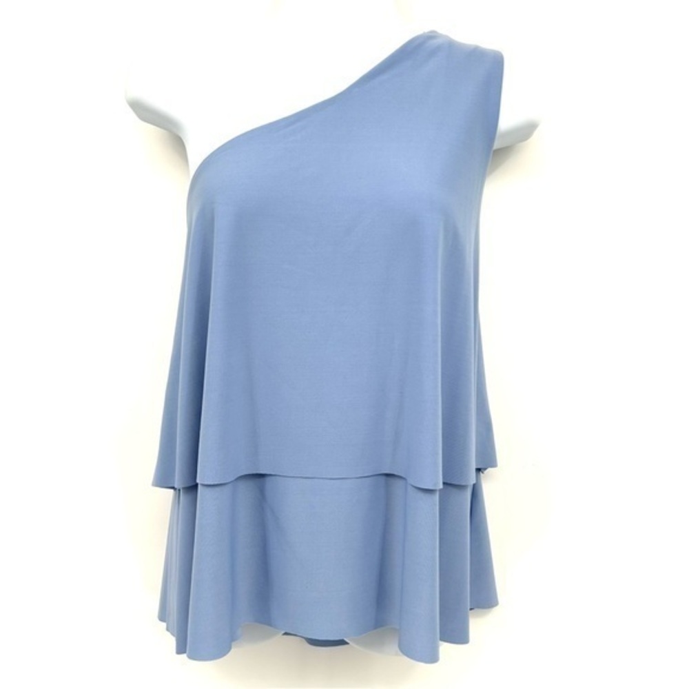 H by HALSTON Size Large Light Blue (Periwinkle) One Shoulder Tiered Ruffle Top